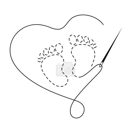 Silhouette of heart and baby feet with interrupted contour. Copy space vector illustration of handmade work with embroidery thread and sewing needle on white background.