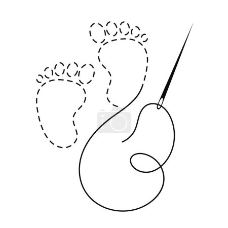Silhouette of baby feet with interrupted contour. Copy space vector illustration of handmade work with embroidery thread and sewing needle on white background.