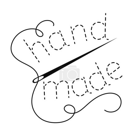 Illustration for Silhouette of the words Hand Made with interrupted contour. Vector illustration with embroidery thread and needle on white background. - Royalty Free Image