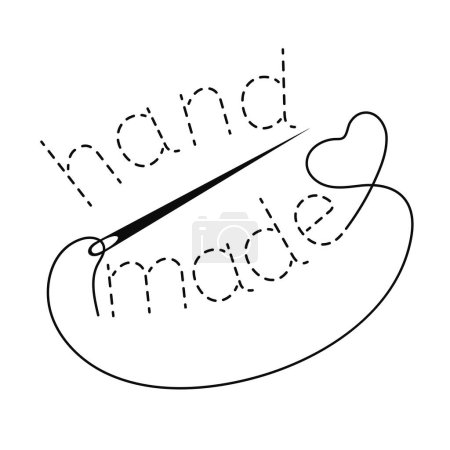 Silhouette der Wörter Hand Made mit unterbrochener Kontur und Herz. Vektor-Illustration mit Stickgarn und Nadel auf weißem Hintergrund.