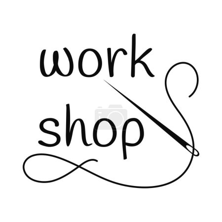 Ilustración vectorial con la palabra Taller, hilo de bordar y aguja de coser sobre fondo blanco.