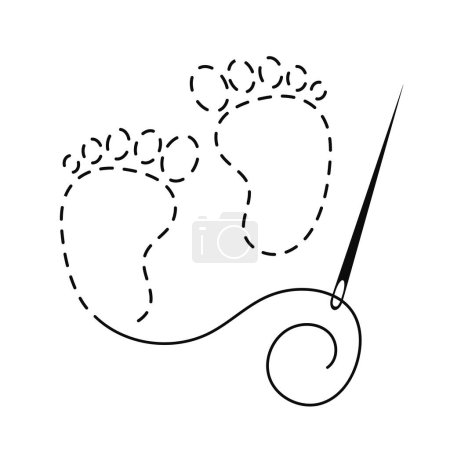 Silhouette de pieds de bébé avec contour interrompu. Illustration vectorielle de l'espace de copie du travail à la main avec fil à broder et aiguille à coudre sur fond blanc.