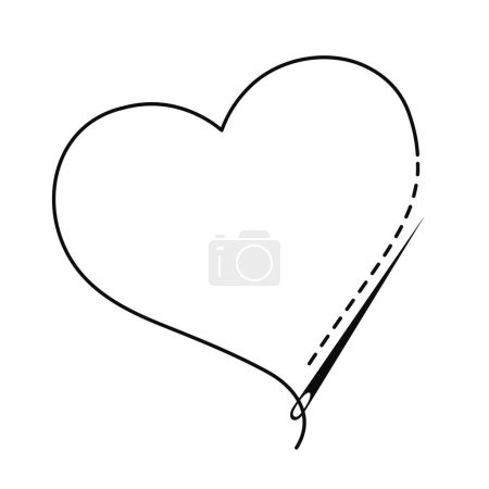 Illustration for Silhouette of heart with interrupted contour. Vector copy space illustration of handmade work with embroidery thread and sewing needle on white background. - Royalty Free Image