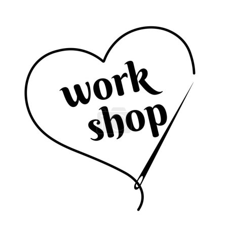 Illustration for Silhouette of heart with thread, sewing needle and inscription "work shop". Black isolated vector illustration of handmade work and creative occupation - Royalty Free Image