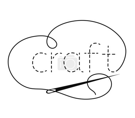 Illustration for Silhouette of the word craft with interrupted contour. Vector illustration with embroidery thread and sewing needle on white background. - Royalty Free Image