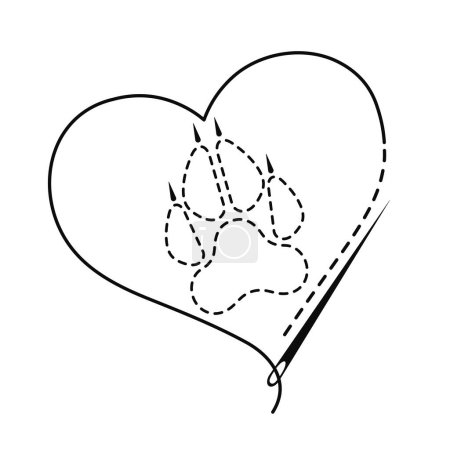 Silhouette de patte de loup et coeur avec contour interrompu. Illustration vectorielle de travaux faits à la main avec fil à broder et aiguille à coudre sur fond blanc.