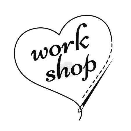 Illustration for Silhouette of heart with thread, sewing needle and inscription "work shop". Black isolated vector illustration of handmade work and creative occupation - Royalty Free Image