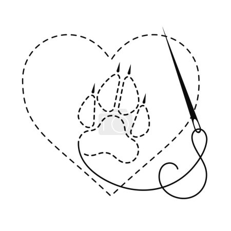 Silhouette von Wolfspatze und Herz mit unterbrochener Kontur. Vektor-Illustration der Handarbeit mit Stickgarn und Nähnadel auf weißem Hintergrund.