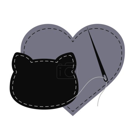 Silhouette of heart and cat head with interrupted contour. Vector illustration of handmade work with embroidery thread and sewing needle on white background