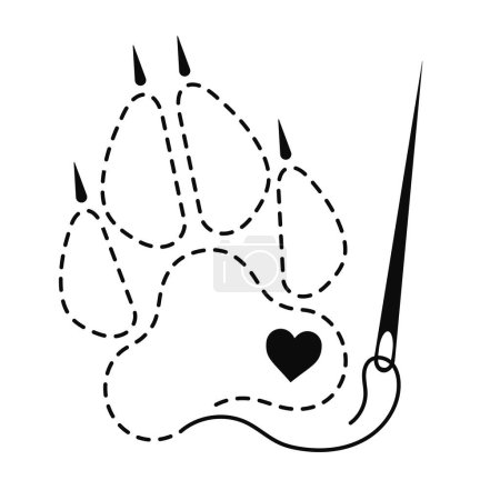 Illustration for Silhouette of wolf paw with interrupted contour and heart. Vector illustration of handmade work with embroidery thread and sewing needle on white background. - Royalty Free Image