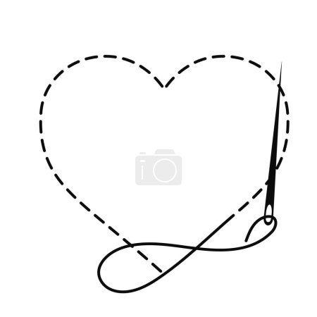 Silhouette de coeur avec contour interrompu. Illustration vectorielle de l'espace de copie de travaux faits à la main avec fil à broder et aiguille à coudre sur fond blanc.