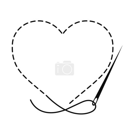 Silhouette of heart with interrupted contour. Vector copy space illustration of handmade work with embroidery thread and sewing needle on white background.