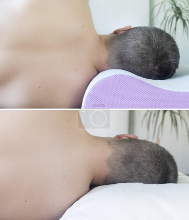 Photo for Before and after. Concept photo. Curvature of the spine due to incorrect position during sleep. How an orthopedic pillow changes the position of the vertebrae. Correction of squeezing of nerve endings - Royalty Free Image
