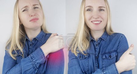 Photo for Before and after shoulder pain. Arthritis. Diseases of the joints. In left, woman is holding on to his sore shoulder, and right, nothing hurts. Shoulder dislocation. Treatment and diagnosis - Royalty Free Image