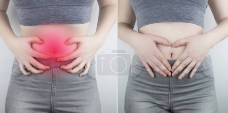 Photo for Before and after abdominal pain. On the left is a photo of how the person is hurt stomach, and on the right, that everything is fine for him and the abdominal cavity does not hurt anymore. Spasms - Royalty Free Image