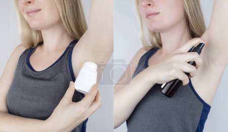 Photo for Before and after. Mineral alum crystal stick and antiperspirant containing aluminum chloride. On left photo, girl smears her armpit with toxic deodorant. On right, it environmentally friendly product - Royalty Free Image
