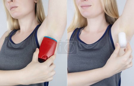 Foto de Before and after. Mineral alum crystal stick and antiperspirant containing aluminum chloride. On left photo, girl smears her armpit with toxic deodorant. On right, it environmentally friendly product - Imagen libre de derechos