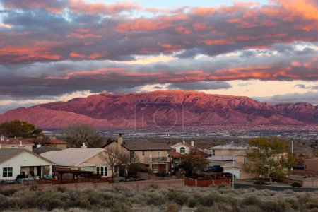 Albuquerque, New Mexico and the Sandia Mountains at sunset.