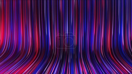 3D rendering of an abstract panoramic neon background with glowing rays. Colored rays move along a geometric surface