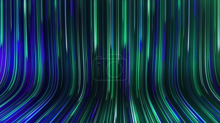 Foto de Representación en 3D de un fondo panorámico abstracto de neón con rayos brillantes. Los rayos de color se mueven a lo largo de una superficie geométrica - Imagen libre de derechos