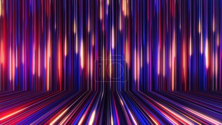 Foto de Representación en 3D de un fondo panorámico abstracto de neón con rayos brillantes. Los rayos de color se mueven a lo largo de una superficie geométrica - Imagen libre de derechos