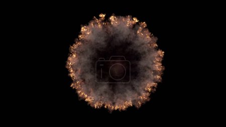 Representación en 3D de una serie de espectaculares ondas de choque provenientes de una explosión aislada sobre un fondo negro. Vista superior de humo abstracto y ondas de energía