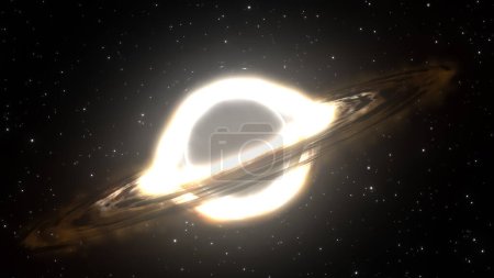3D-Darstellung eines supermassiven Schwarzen Lochs, im Vordergrund vor einer Galaxie und einem Sternenhimmel