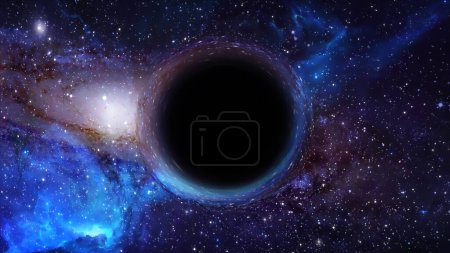 rendu 3D d'un trou noir supermassif, au premier plan contre une galaxie et un ciel étoilé