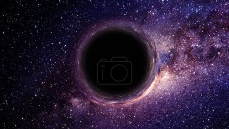 3D-Darstellung eines supermassiven Schwarzen Lochs, im Vordergrund vor einer Galaxie und einem Sternenhimmel