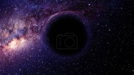 Representación en 3D de un agujero negro supermasivo, en primer plano contra una galaxia y el cielo estrellado