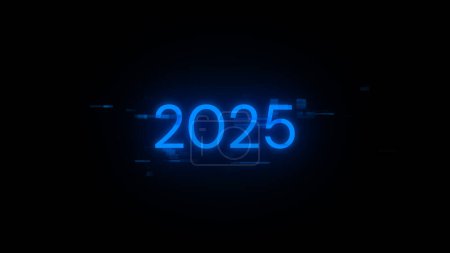 Representación 3D 2025 texto con efectos de pantalla de fallas tecnológicas. Glitch de pantalla espectacular con varios tipos de interferencia