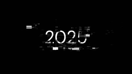 3D rendering 2025 text with screen effects of technological failures. Spectacular screen glitch with various kinds of interference