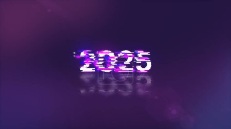 Representación 3D 2025 texto con efectos de pantalla de fallas tecnológicas. Glitch de pantalla espectacular con varios tipos de interferencia