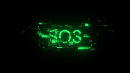 3D-Rendering von SOS-Text mit Bildschirmeffekten technologischer Fehler. Spektakuläre Bildschirm-Panne mit verschiedenen Arten von Störungen