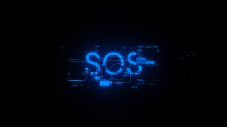 Representación 3D de texto SOS con efectos de pantalla de fallos tecnológicos. Glitch de pantalla espectacular con varios tipos de interferencia