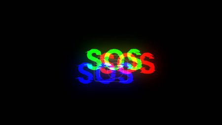 3D rendering SOS text with screen effects of technological failures. Spectacular screen glitch with various kinds of interference