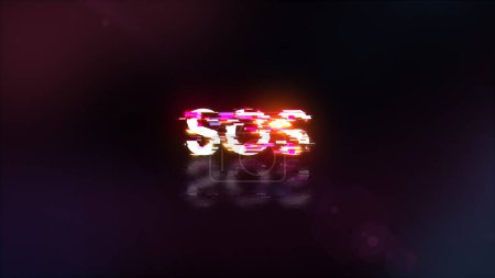 Representación 3D de texto SOS con efectos de pantalla de fallos tecnológicos. Glitch de pantalla espectacular con varios tipos de interferencia