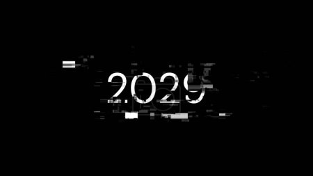 3D-Rendering 2029 Text mit Screeneffekten von technologischem Versagen. Spektakuläre Bildschirm-Panne mit verschiedenen Arten von Störungen
