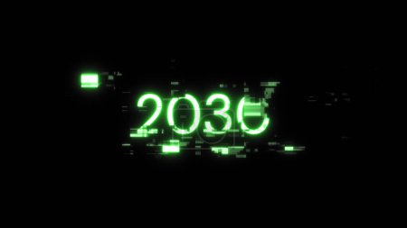 3D-Rendering 2030 Text mit Bildschirmeffekten von technologischem Versagen. Spektakuläre Bildschirm-Panne mit verschiedenen Arten von Störungen