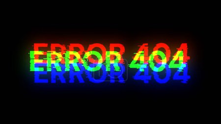 Erreur de rendu 3D 404 texte avec effets d'écran de défaillances technologiques. Problème d'écran spectaculaire avec différents types d'interférences