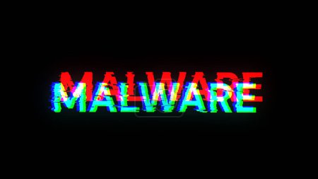 3D rendering malware text with screen effects of technological failures. Spectacular screen glitch with various kinds of interference