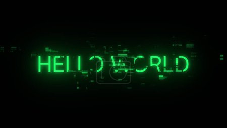3D rendering hello world text with screen effects of technological failures. Spectacular screen glitch with various kinds of interference