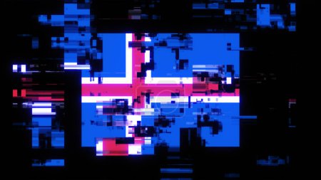 3D rendering flag Iceland with screen effects of technological failures. Spectacular screen glitch with various kinds of interference