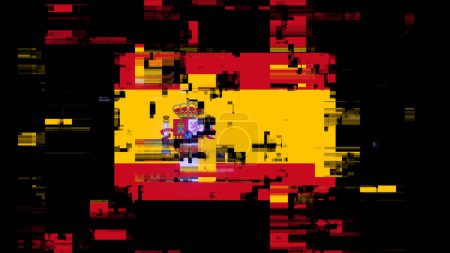 3D rendering flag Spain with screen effects of technological failures. Spectacular screen glitch with various kinds of interference