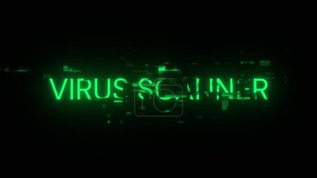 3D rendering virus scanner text with screen effects of technological failures. Spectacular screen glitch with various kinds of interference