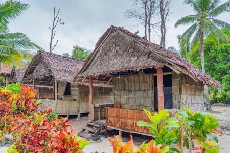 Photo for Small traditionally built bamboo huts among palm trees on Fam Island, Raja Ampat, Indonesia - Royalty Free Image