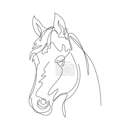 Téléchargez les illustrations : La tête d'un cheval dessiné avec une ligne solide dans un style minimaliste. Le design est adapté pour les tatouages modernes, décor, logo, clubs de sport, gymnases, autocollant, insigne, impression de t-shirt. Vecteur isolé - en licence libre de droit
