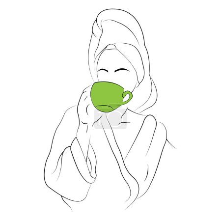 Illustration for Silhouette of a girl in a towel on her head and a robe drinks coffee. Minimalism style.Concept of home coziness and comfort.Design for banner, emblem, paintings, drawing, tattoo, print.Vector isolated - Royalty Free Image