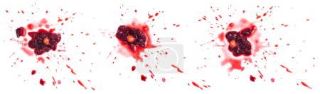 Téléchargez les photos : Cerise aigre mûre écrasée dans la flaque de jus rouge isolé sur blanc - en image libre de droit