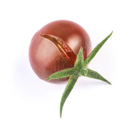 Foto de Tomate cherry negro fresco maduro agrietado con pedúnculo verde aislado en blanco - Imagen libre de derechos